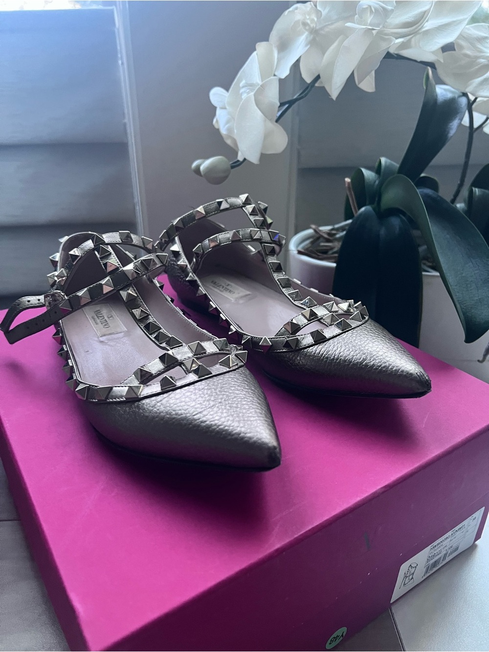 Valentino Garavani Metallic Taupe Rockstud Pointed Flats